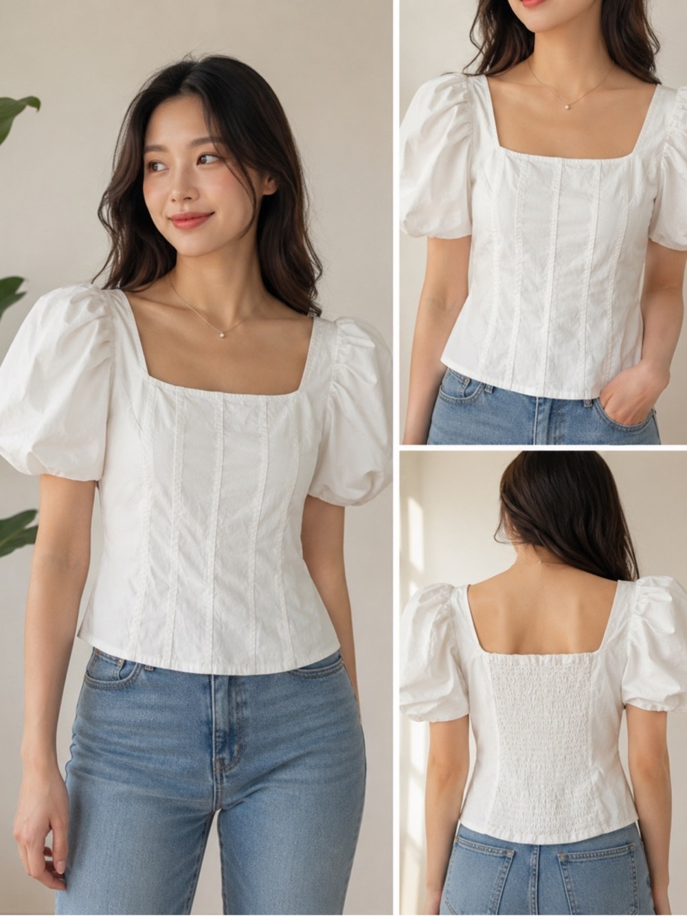 J. Crew White Square-Neck Puff-Sleeve Blouse
